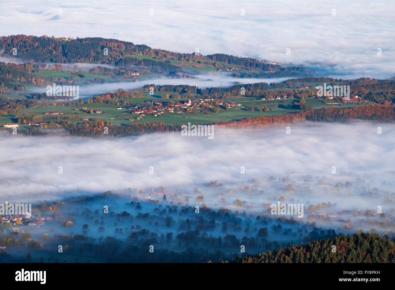 L'Allemagne, la Haute-Bavière, Wackersberg, matin brouillard dans la vallée de l'Isar, vue de Geierstein Banque D'Images