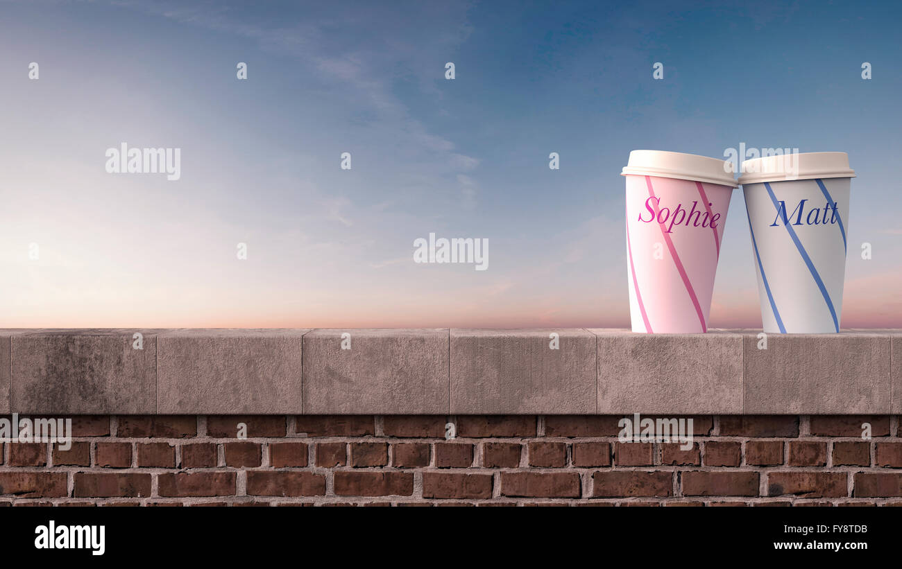 Deux tasses de café avec des noms sur le mur au coucher du soleil, 3D Rendering Banque D'Images
