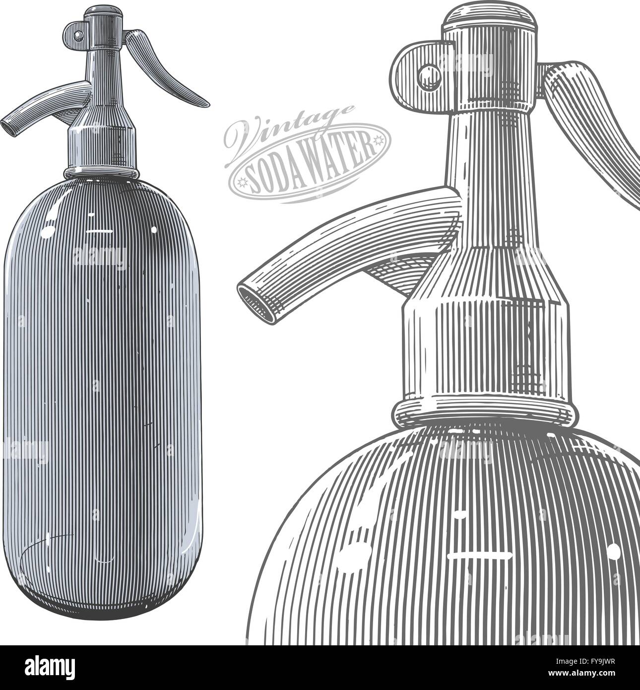 Vintage siphon ou bouteille de soda dans leur gravure Illustration de Vecteur