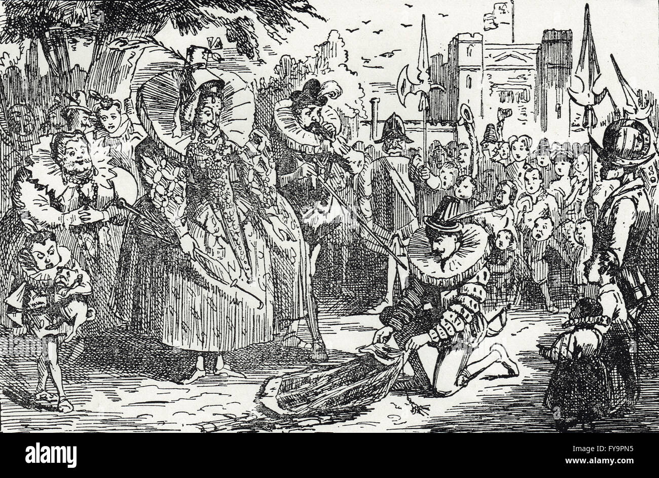 Sir Walter Raleigh pose son manteau sur une flaque d'eau pour la reine Elizabeth I par John Leech Banque D'Images