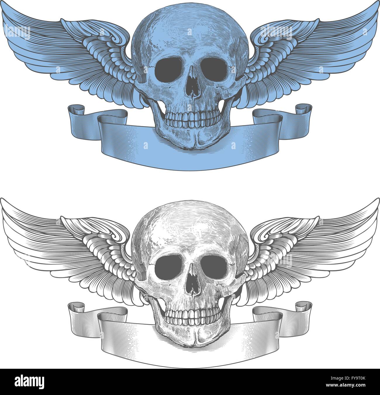 Crâne avec des ailes et en ruban vintage style gravure Illustration de Vecteur