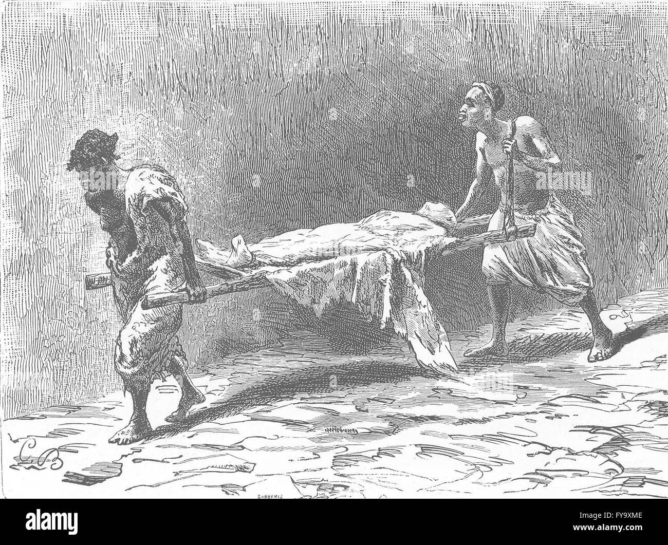 Maroc : Déménagement cadavre à cemetery, antique print 1882 Banque D'Images