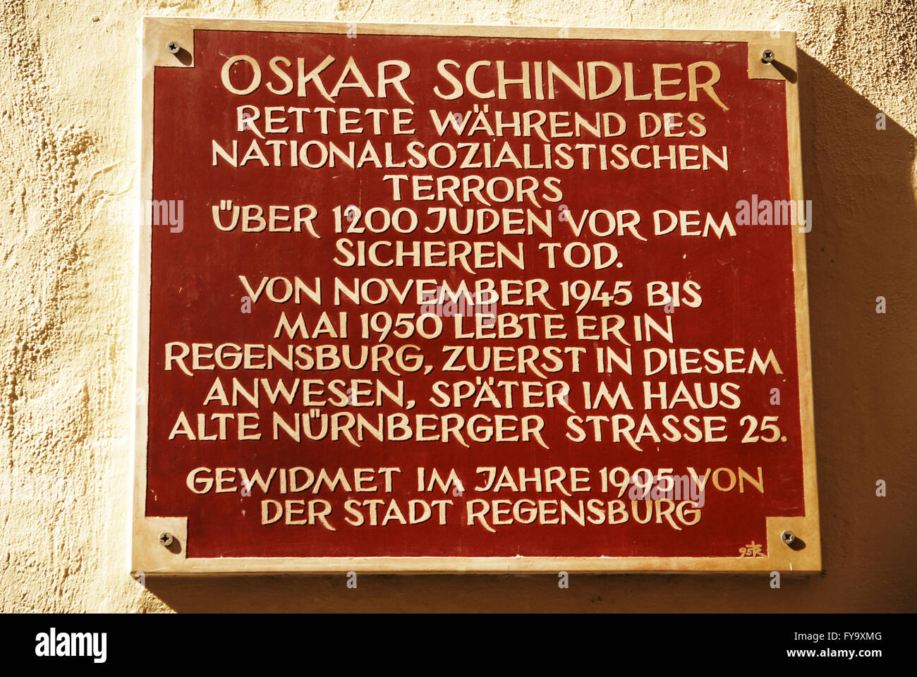 Inscription Memorial pour Oskar Schindler sur sa maison à Watmarkt, Regensburg, Allemagne Banque D'Images
