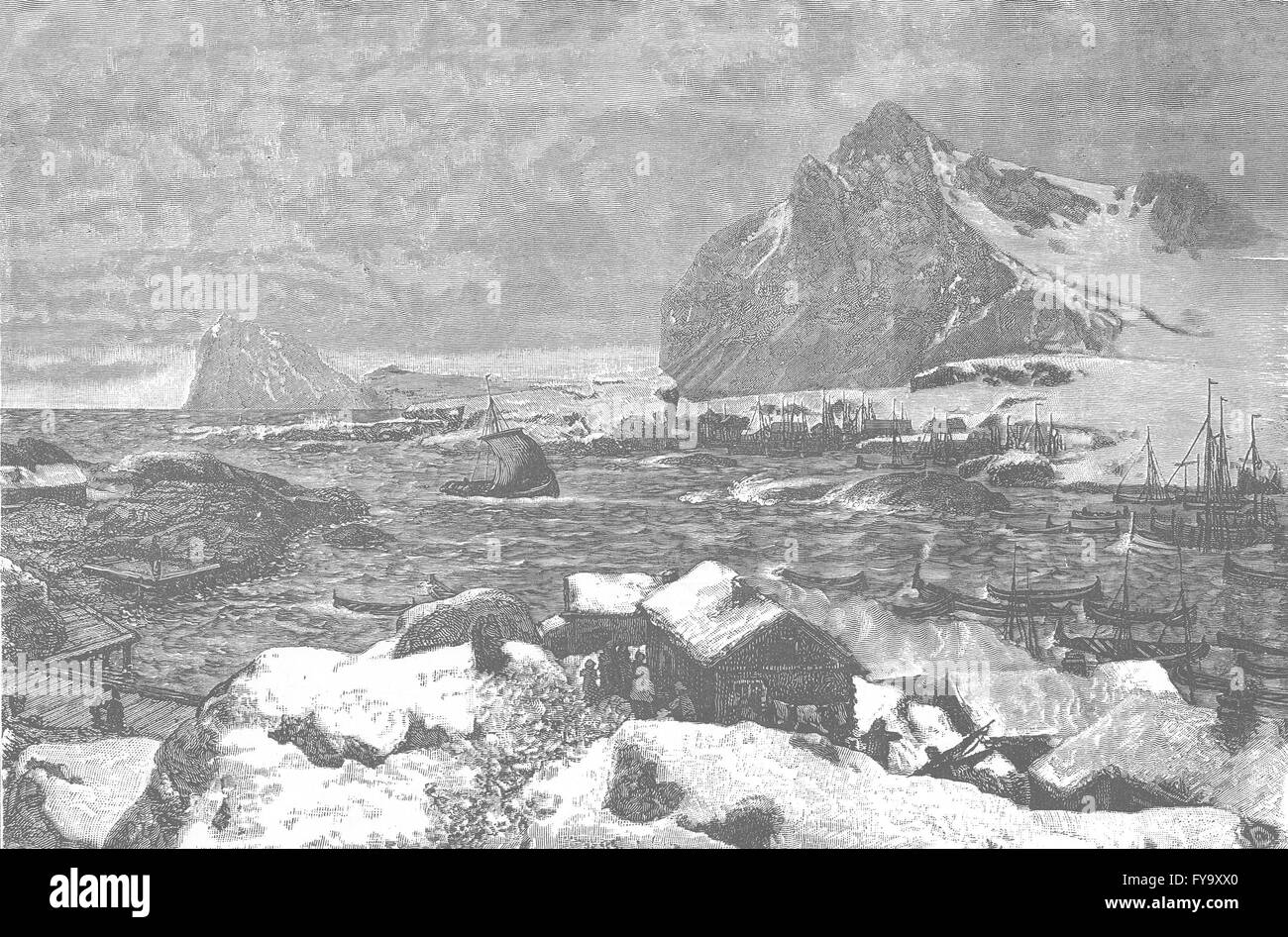 Norvège : un village des Lofoten durant la saison de pêche, antique print 1890 Banque D'Images