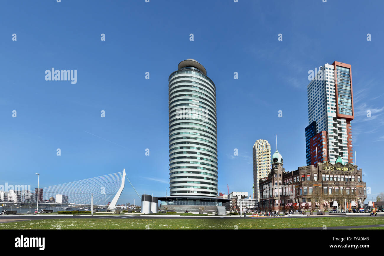 Centre Port mondial ( Kop van Zuid ) Montevideo Hotel New York Rotterdam Pays-Bas Dutch ( Nouvelle Meuse Pont Erasmus Swan ) Banque D'Images