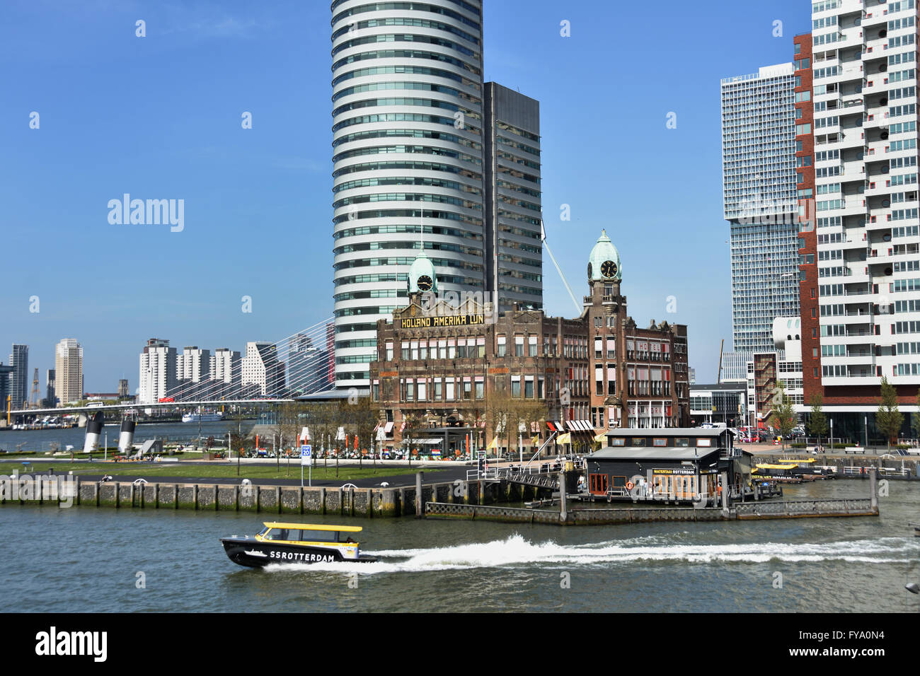 Centre Port mondial ( Kop van Zuid ) Montevideo Hotel New York Rotterdam Pays-Bas Dutch ( Nouvelle Meuse Pont Erasmus Swan ) Banque D'Images