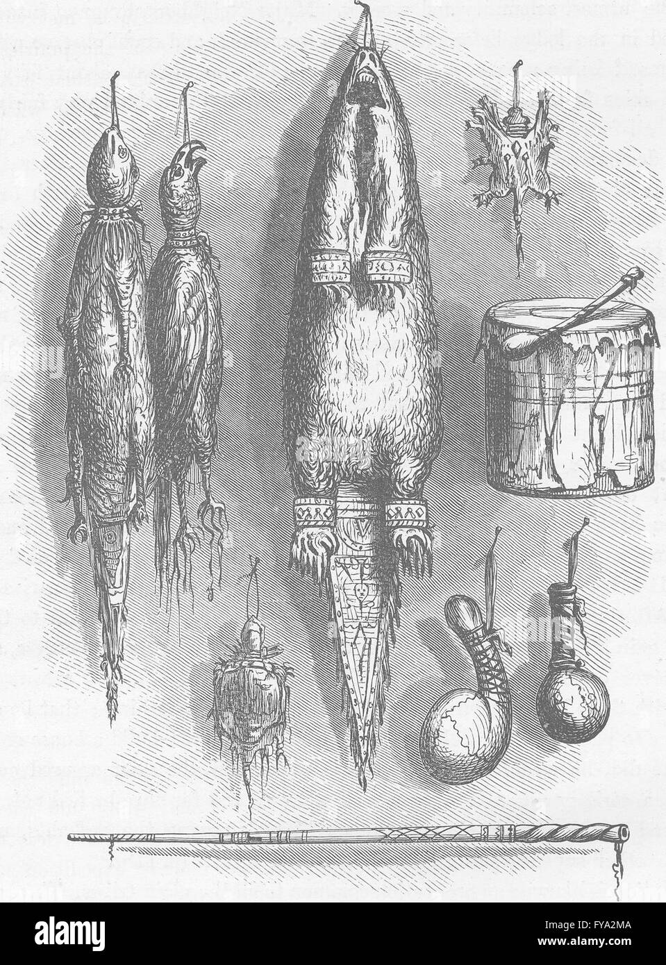 USA : sacs de tabac indien Sioux, mystère d'un sifflet, d'un tambour d'impression & hochets, 1890 Banque D'Images