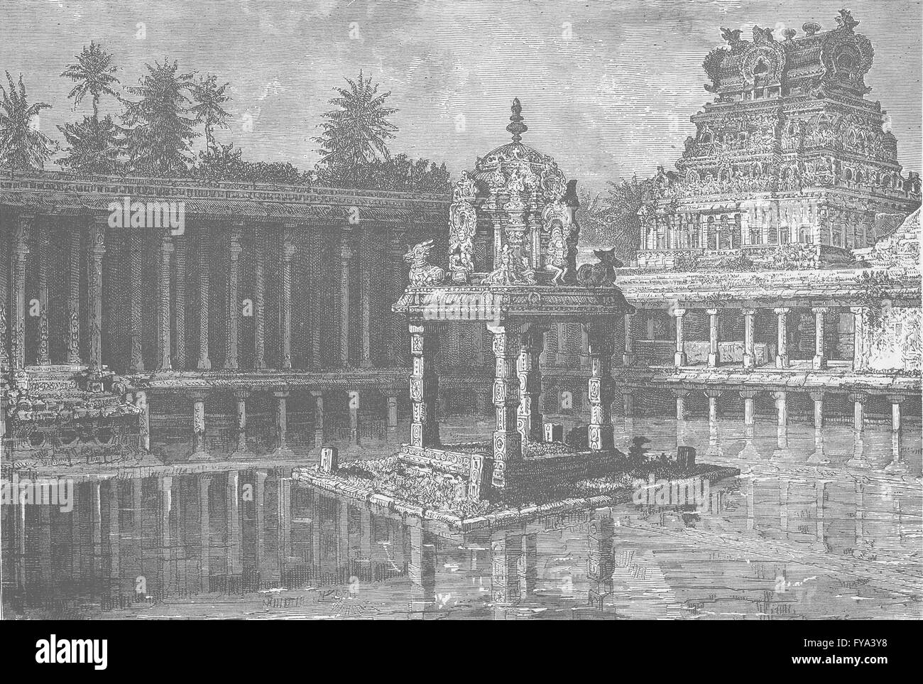 Inde : réservoir sacré, Thiruchchirapalli, antique print 1892 Banque D'Images