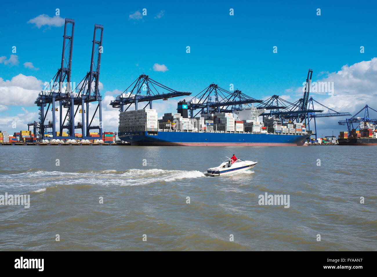 Les porte-conteneurs à quai au port de Felixstowe, le plus grand et le port le plus achalandé, le déchargement de la cargaison, photo à partir de la mer Banque D'Images