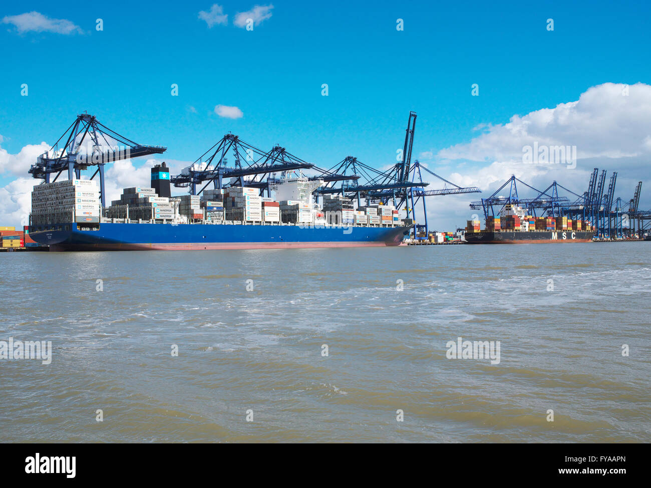 Les porte-conteneurs à quai au port de Felixstowe, le plus grand et le port le plus achalandé, le déchargement de la cargaison, photo à partir de la mer Banque D'Images
