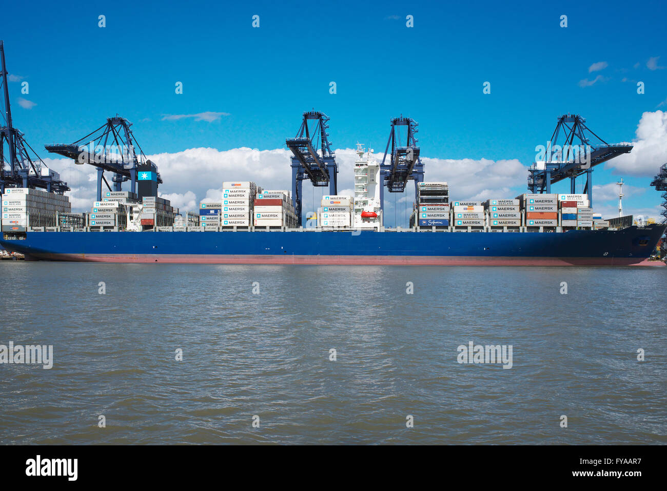 Vue depuis la mer du Nord du port de Felixstowe dans le Suffolk et un porte-conteneurs d'être chargés à partir de la rive Banque D'Images