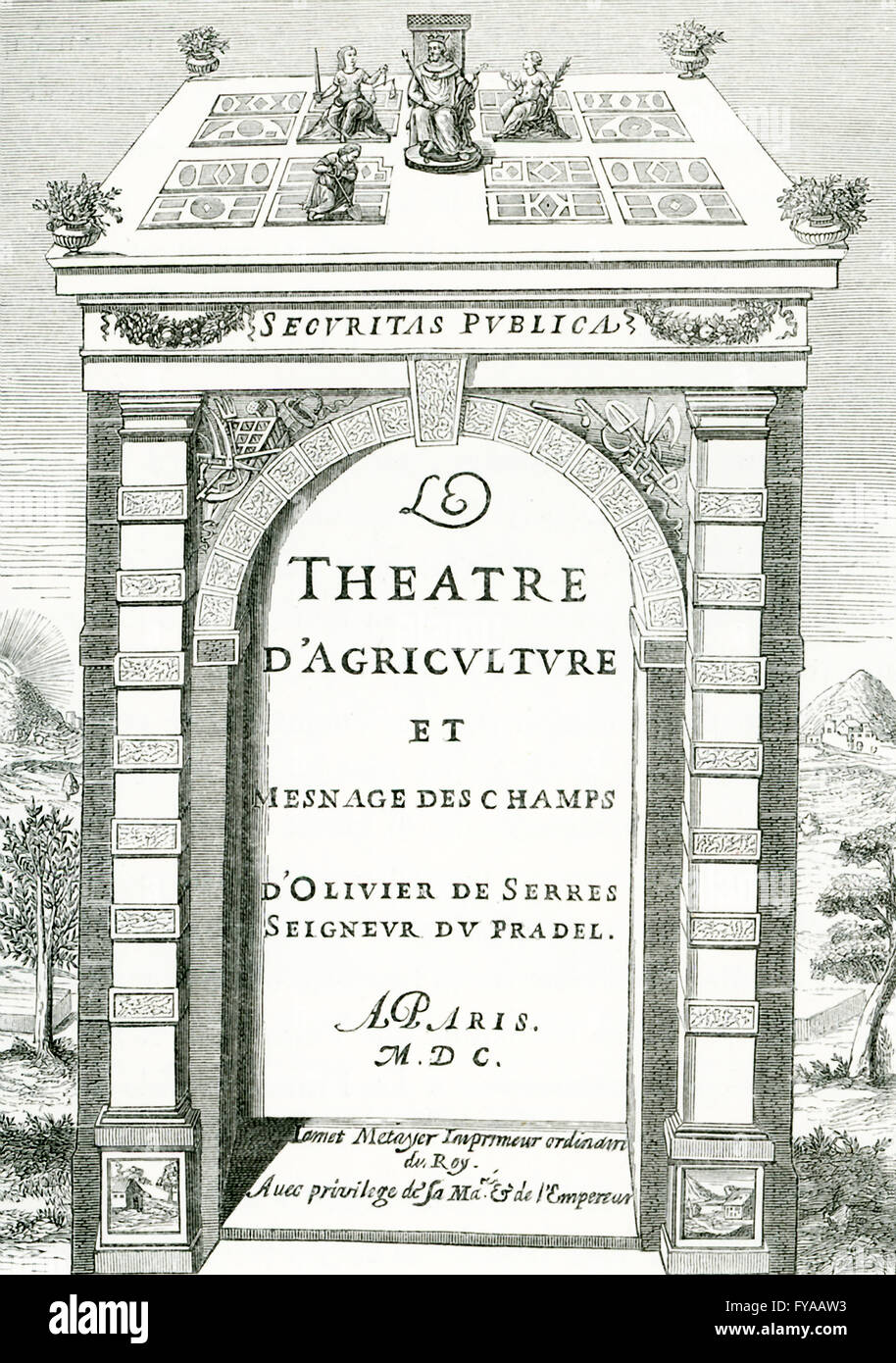 C'est frontispice pour le théâtre de l'Agriculture (Anglais : Theatre d'Agriculture) par Olivier de Serres en 1600. Il fut dédié au roi (Henry IV), une statue de qui peut être vu en haut, assis sur un trône entre les déesses de la Justice et de la paix. Banque D'Images