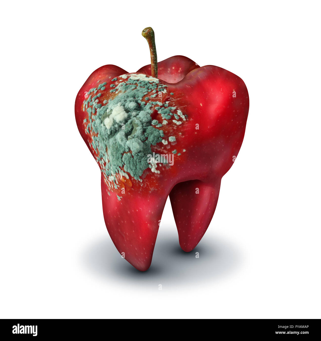 La médecine dentaire, une pomme rouge en forme de molaire humaine en décomposition avec la moisissure sur la surface comme la dentisterie et médecine orale symbole de soins de santé dans un style 3D illustration. Banque D'Images