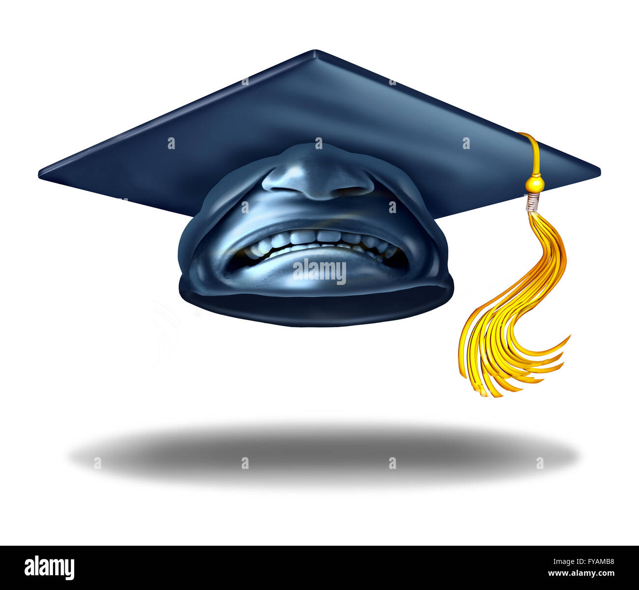 L'échec de l'éducation et l'enseignement horrible symbole comme graduation hat cap ou de mortier avec une expression de dégoût comme un défi d'apprentissage comme une métaphore 3D illustration. Banque D'Images