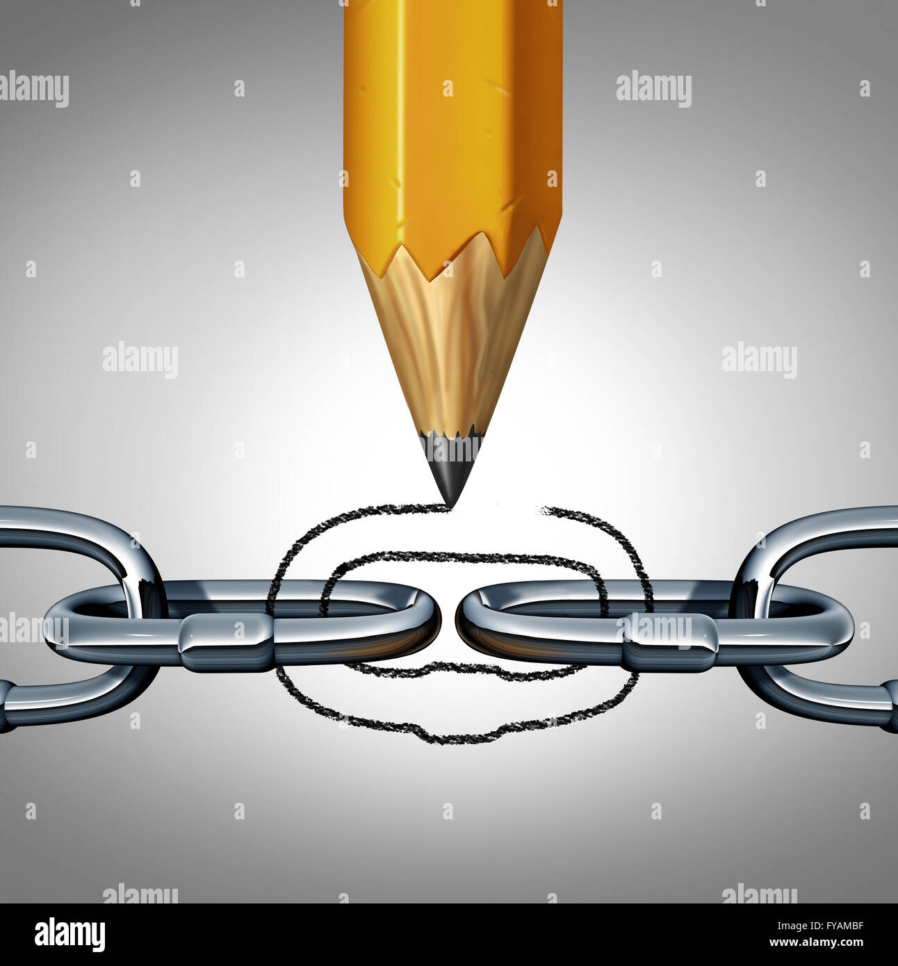 Notion de force comme une chaîne déconnecté avec un dessin au crayon un lien pour unir la 3D illustration objet comme un concept d'affaires de la liaison et de la gestion de l'équipe des Créatifs. Banque D'Images