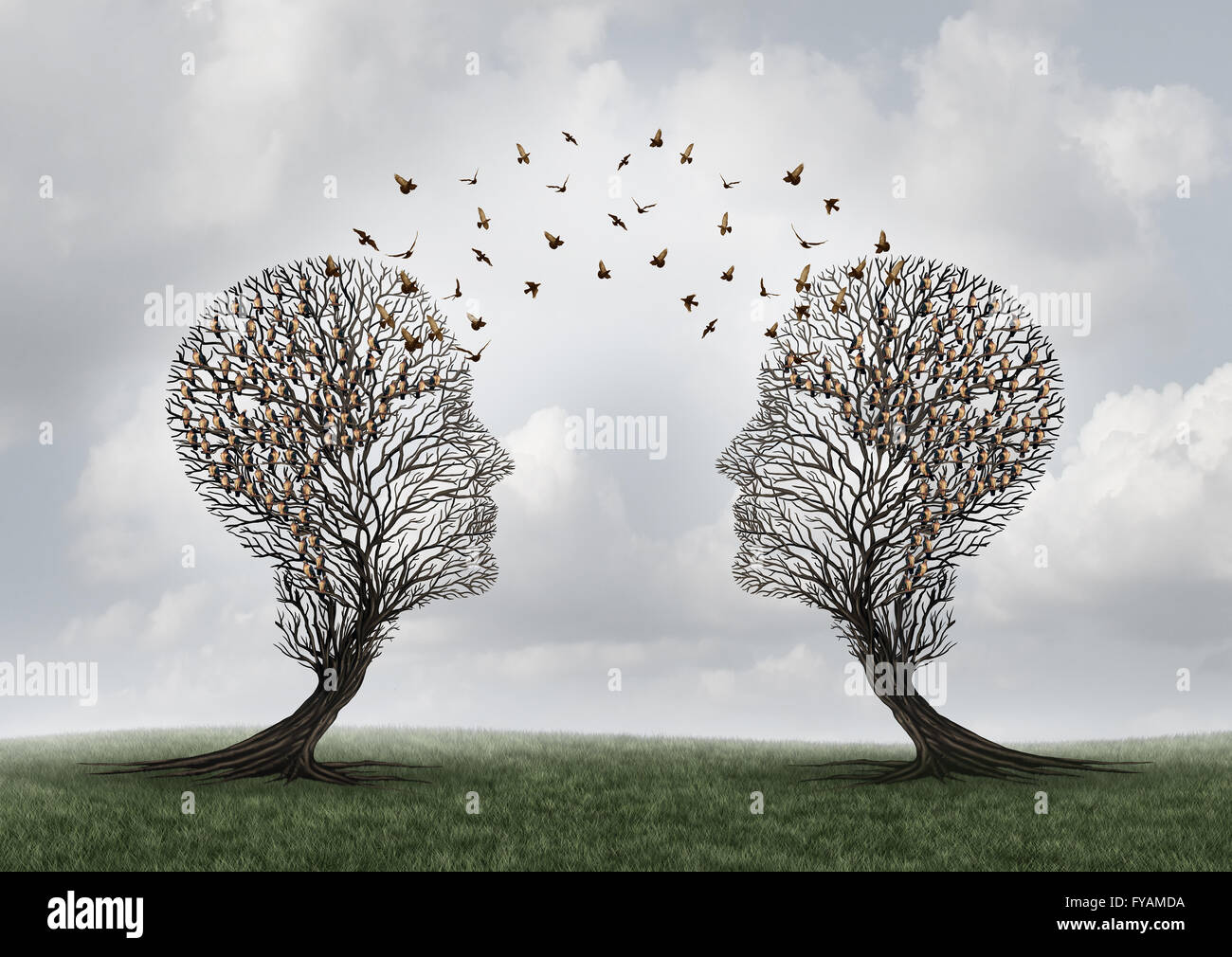 Concept de communication et de communication d'un message entre deux arbres en forme de tête avec des oiseaux posés et voler à l'autre comme une métaphore de l'esprit d'équipe et d'affaires ou personnelles avec 3D illustration éléments. Banque D'Images
