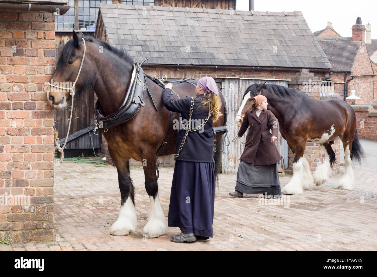 Projet de groupe de heavy horse exploités par une Dame vêtue victorienne Banque D'Images