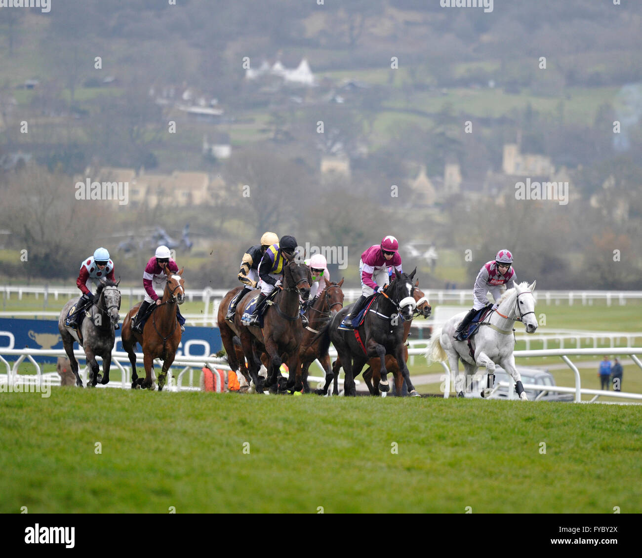 Jour Cheltenham Gold Cup Race 18.03.16 4 action Gold Cup avec Cleeve Hill en arrière-plan Banque D'Images