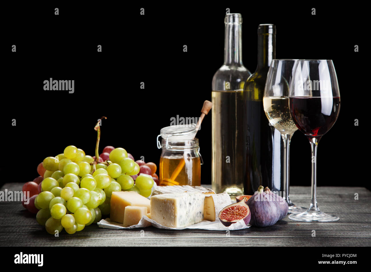 Vin, fromage et raisins Banque D'Images