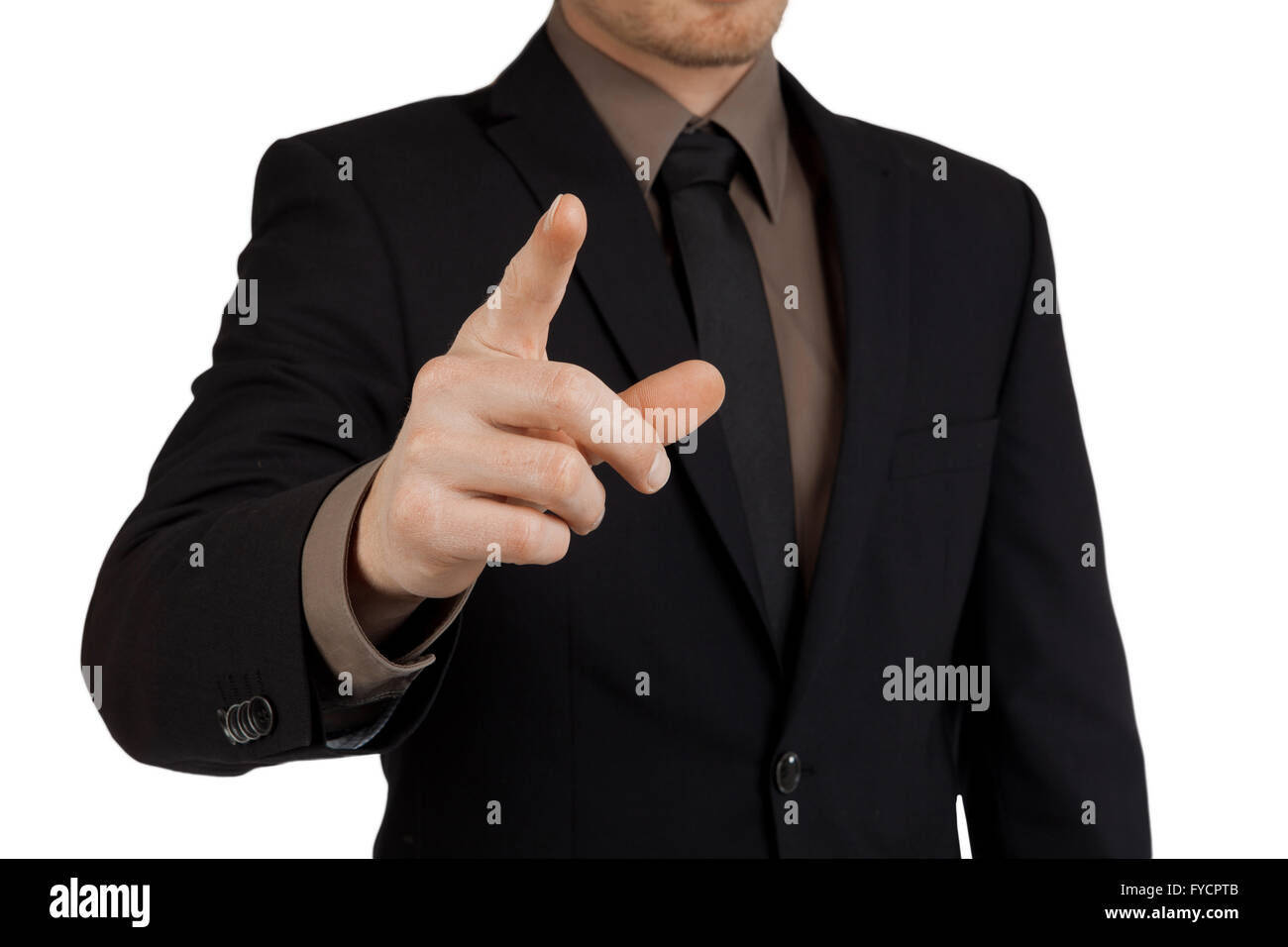 Portrait of businessman pointing finger à viewer / fond blanc Banque D'Images