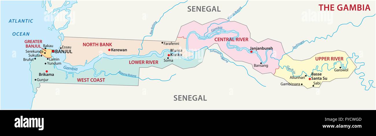 Gambie carte administrative Illustration de Vecteur