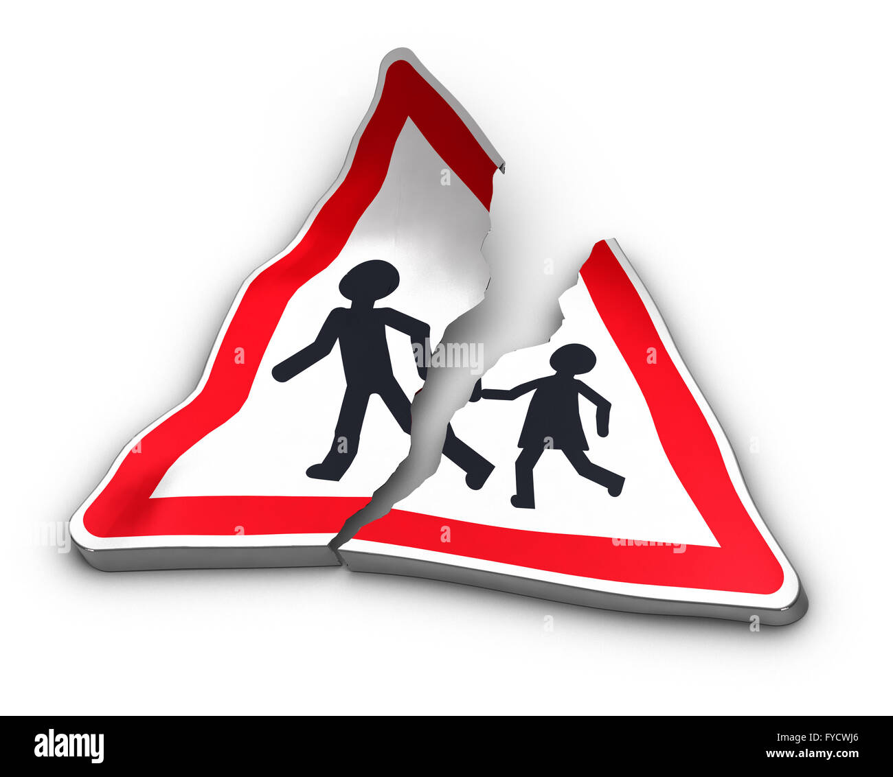 Broken road sign avec deux caractères séparés sur fond blanc. 3D illustration d'un accident de la route et l'excès de vitesse. Banque D'Images