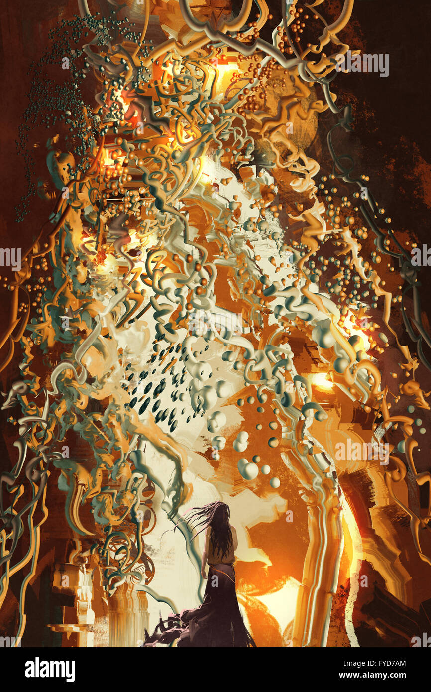 Femme debout contre l'abstract figures libres,illustration art Banque D'Images