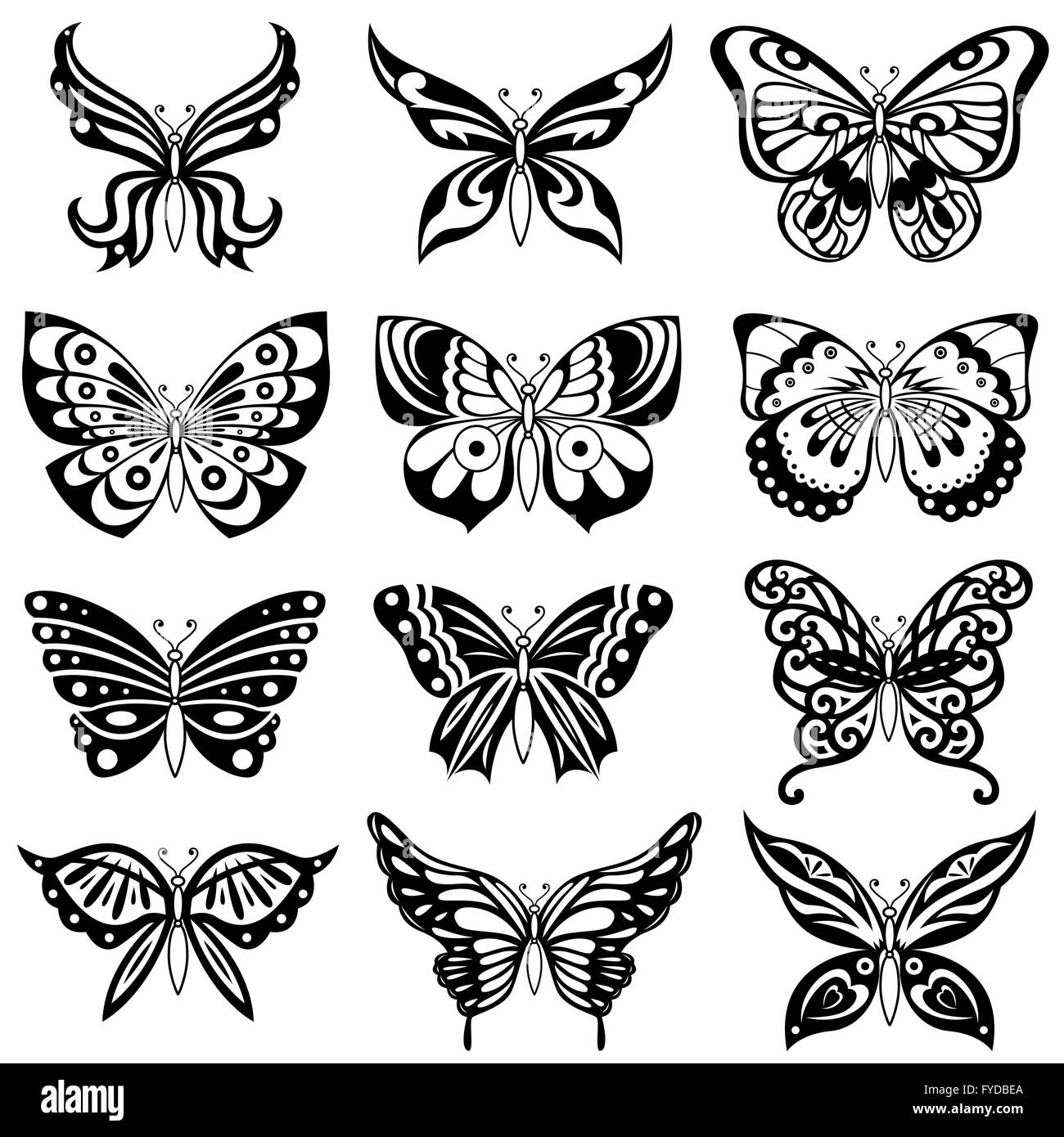 Ensemble de douze papillons noir ornement isolé sur le fond blanc, dessin à la main d'art vectoriel Illustration de Vecteur
