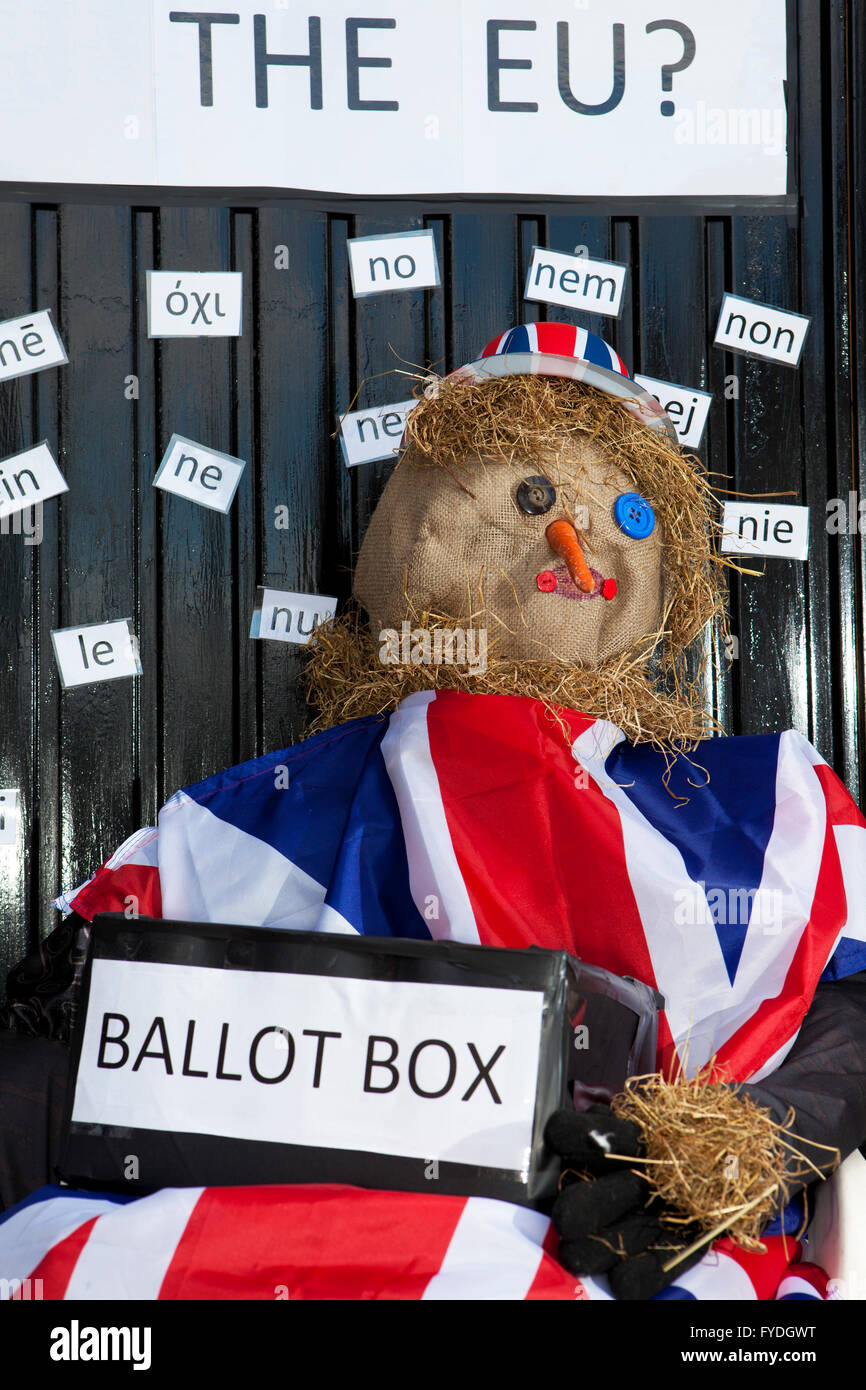 Wray, Lancashire, Royaume-Uni. Apr 25, 2016. Sondage Brexit, Lancashire, Royaume-Uni. 25 avril 2016. Les visiteurs du festival de l'épouvantail a demandé de voter "oui" ou "non" à rester en tant qu'État membre de l'UE. L'effet Obama était évidente dans les résultats avec 64 'oui' à 30 voix contre le samedi et 101 'oui' à 66 'non' le dimanche. Le 'Straw Poll' a parlé et ses un droit 'oui !' Credit : Cernan Elias/Alamy Live News Banque D'Images