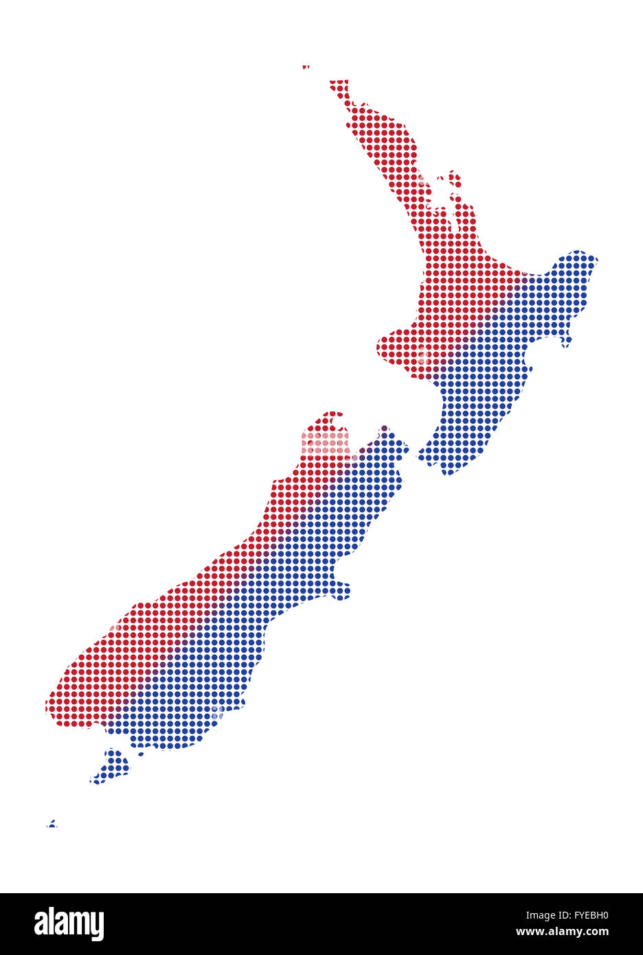 Une carte à points de Nouvelle-Zélande en rouge et bleu isolé sur fond blanc Banque D'Images