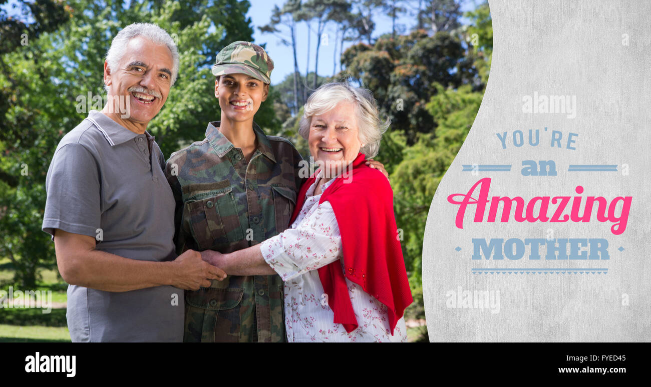 Image composite de portrait de femme de l'armée avec les parents Banque D'Images