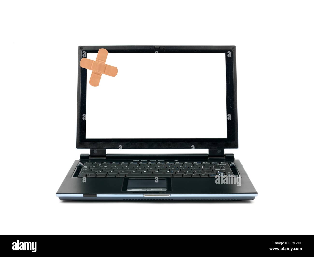 Un ordinateur portable avec un pansement isolé sur fond blanc Banque D'Images