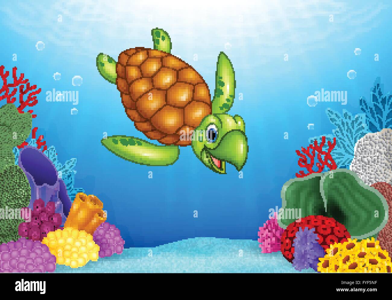 Cartoon funny turtle avec beau monde sous-marin Illustration de Vecteur