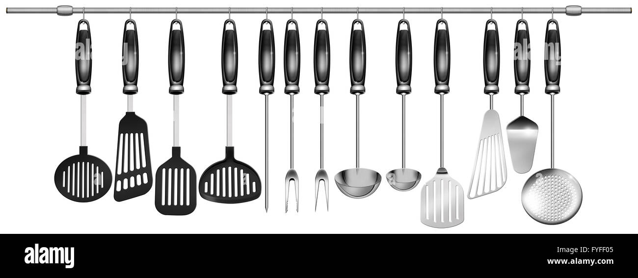 Ensemble horizontal des ustensiles de cuisine Banque D'Images