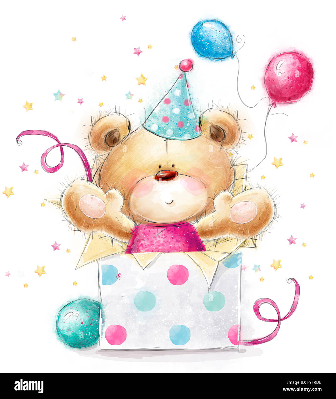 Ours en peluche avec le cadeau.Happy Birthday card.background avec Porter et de cadeaux et de ballons.Party invitation Banque D'Images