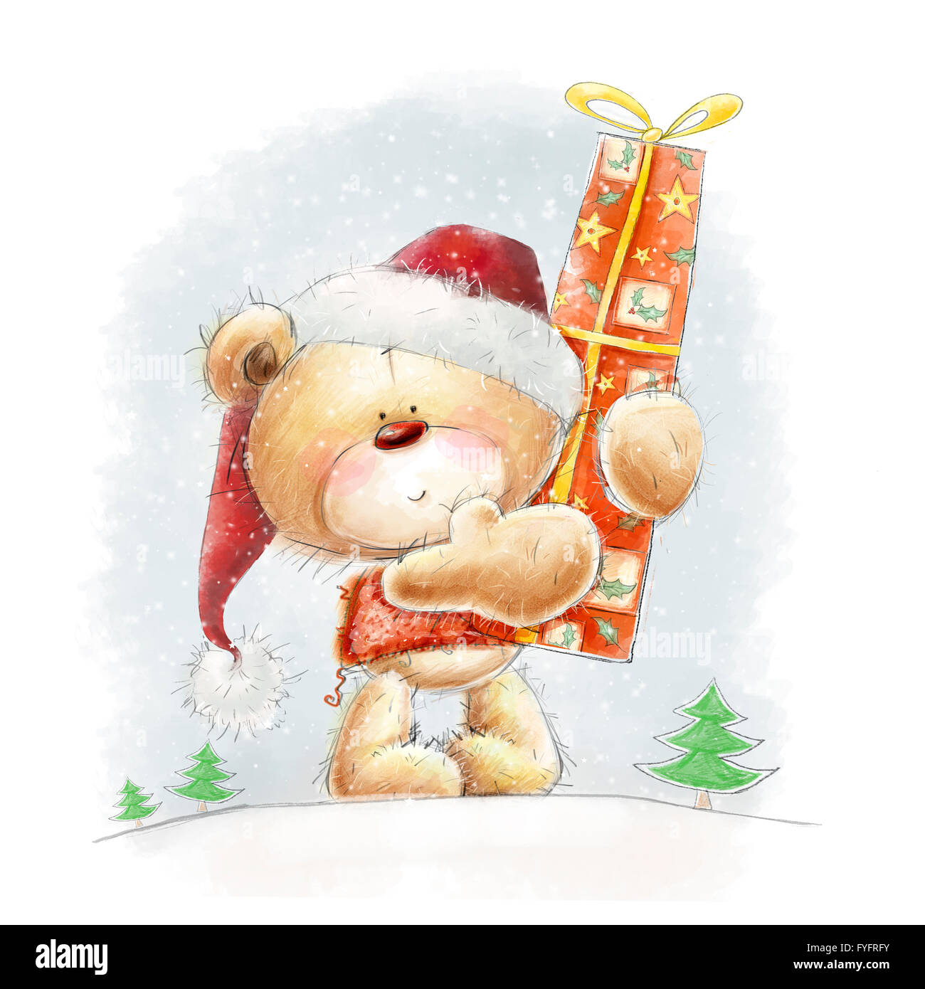 Mignon ours en peluche avec le big red gift dans la Santa hat.illustration enfantine dans des couleurs douces.background avec l'ours et le don. Banque D'Images