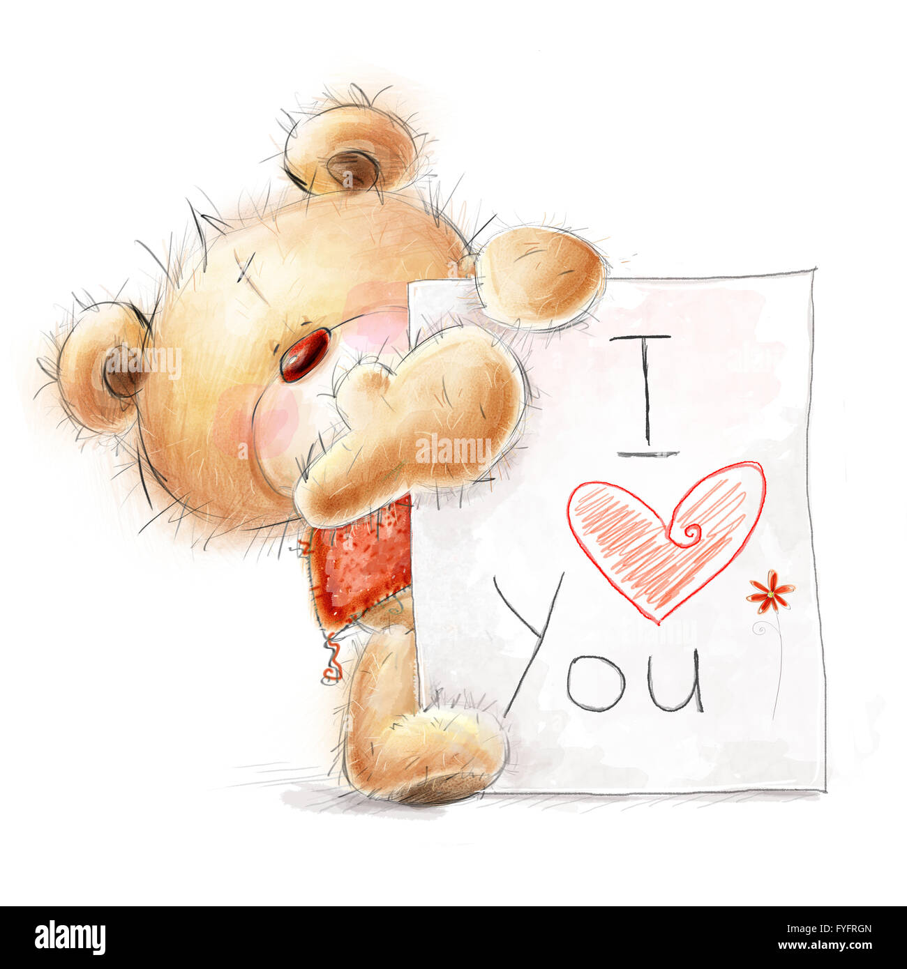 Mignon ours en peluche avec le grand papier avec le texte. Arrière-plan avec l'ours et le coeur.Valentines carte de vœux. Love design. Banque D'Images