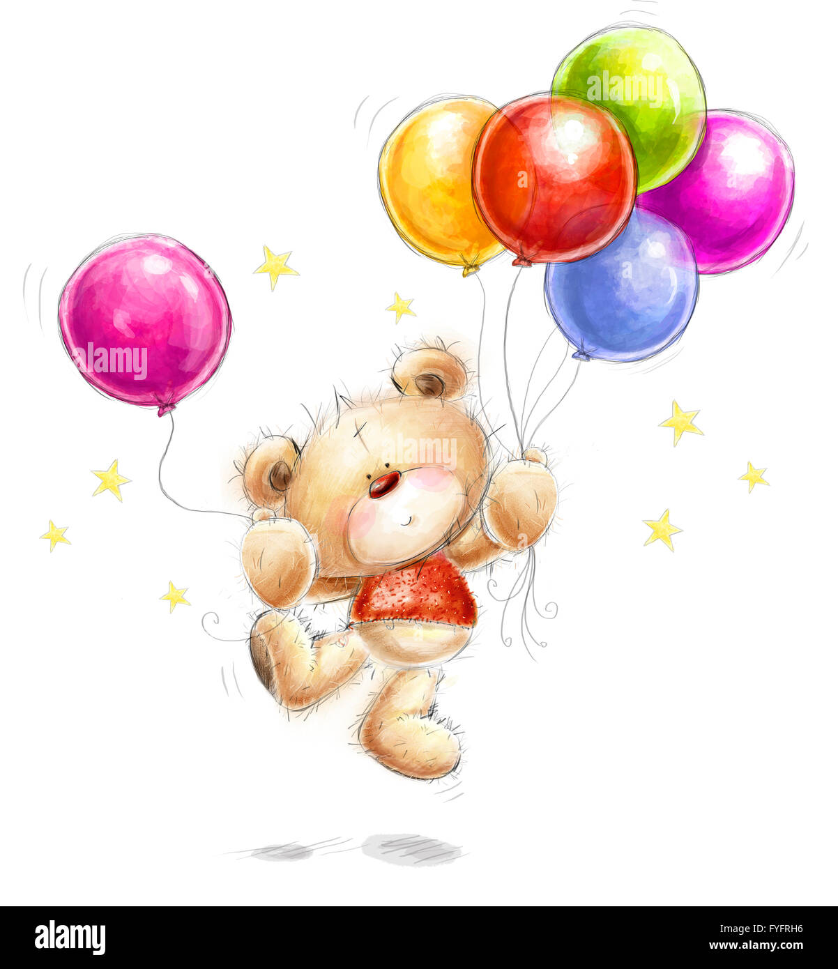 Mignon ours en peluche avec les ballons colorés et des étoiles. Arrière-plan avec l'ours et ballons. Invitation à une fête. Party balloons Banque D'Images