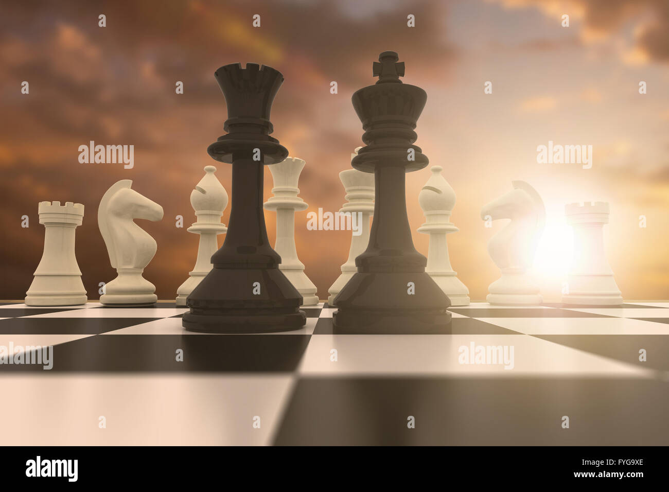 Image composite du roi noir et de la reine debout devant des pièces blanches Banque D'Images