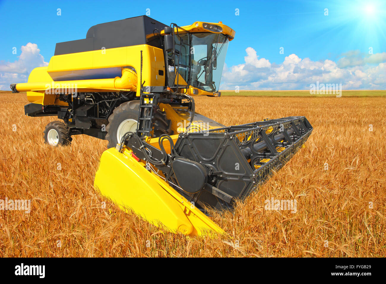 Moissonneuse-batteuse, sur un champ de blé avec un ciel bleu Banque D'Images