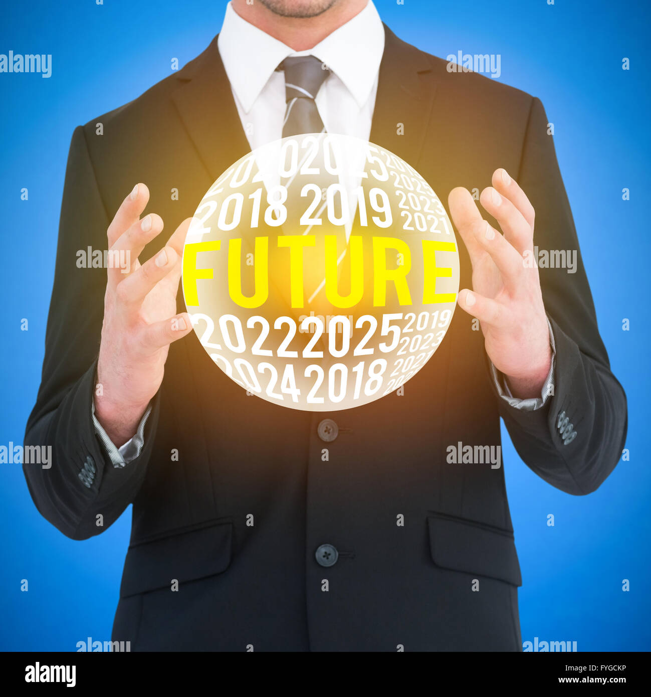 Image composite de businessman gesturing avec ses mains Banque D'Images