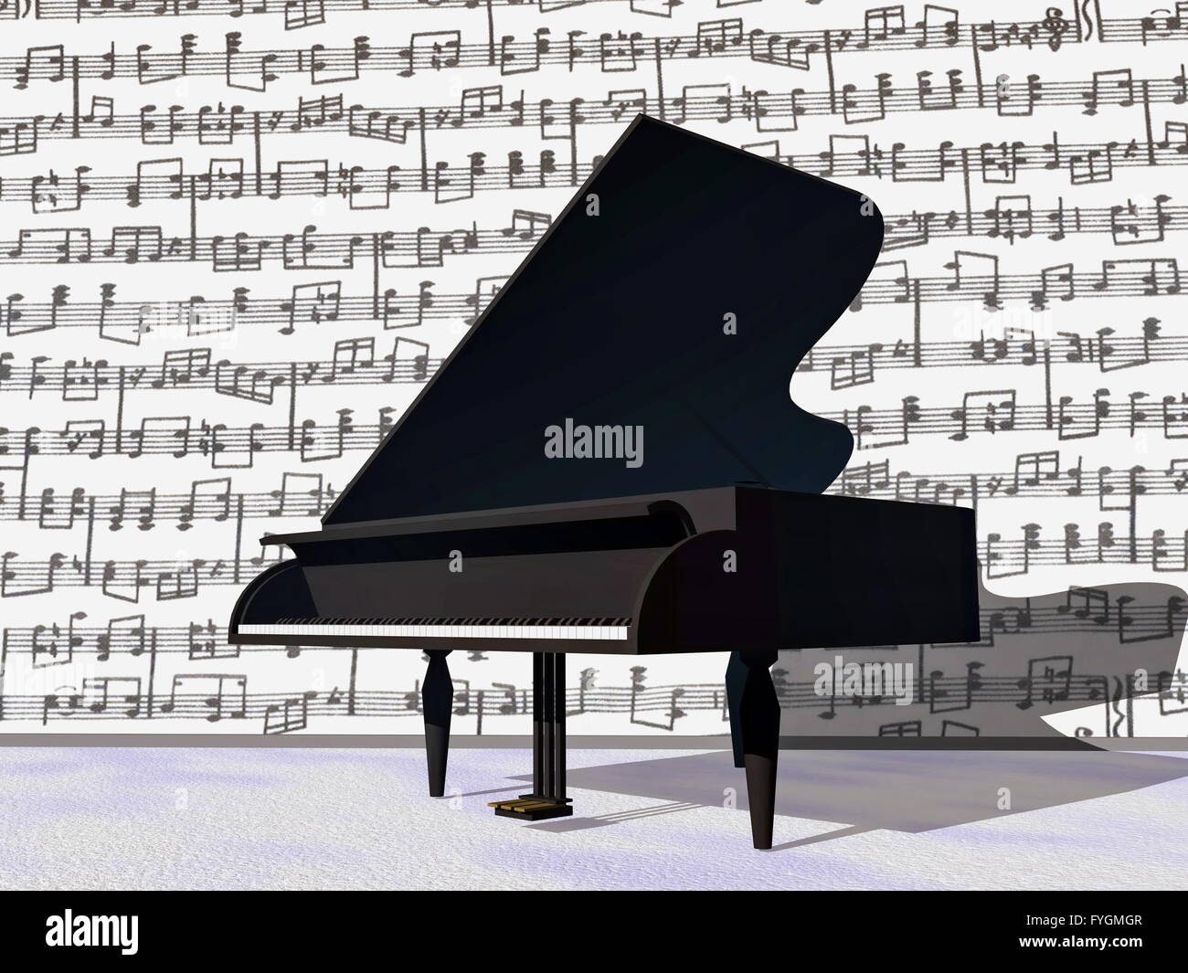 Des notes de musique autour de grand piano - 3D render Banque D'Images