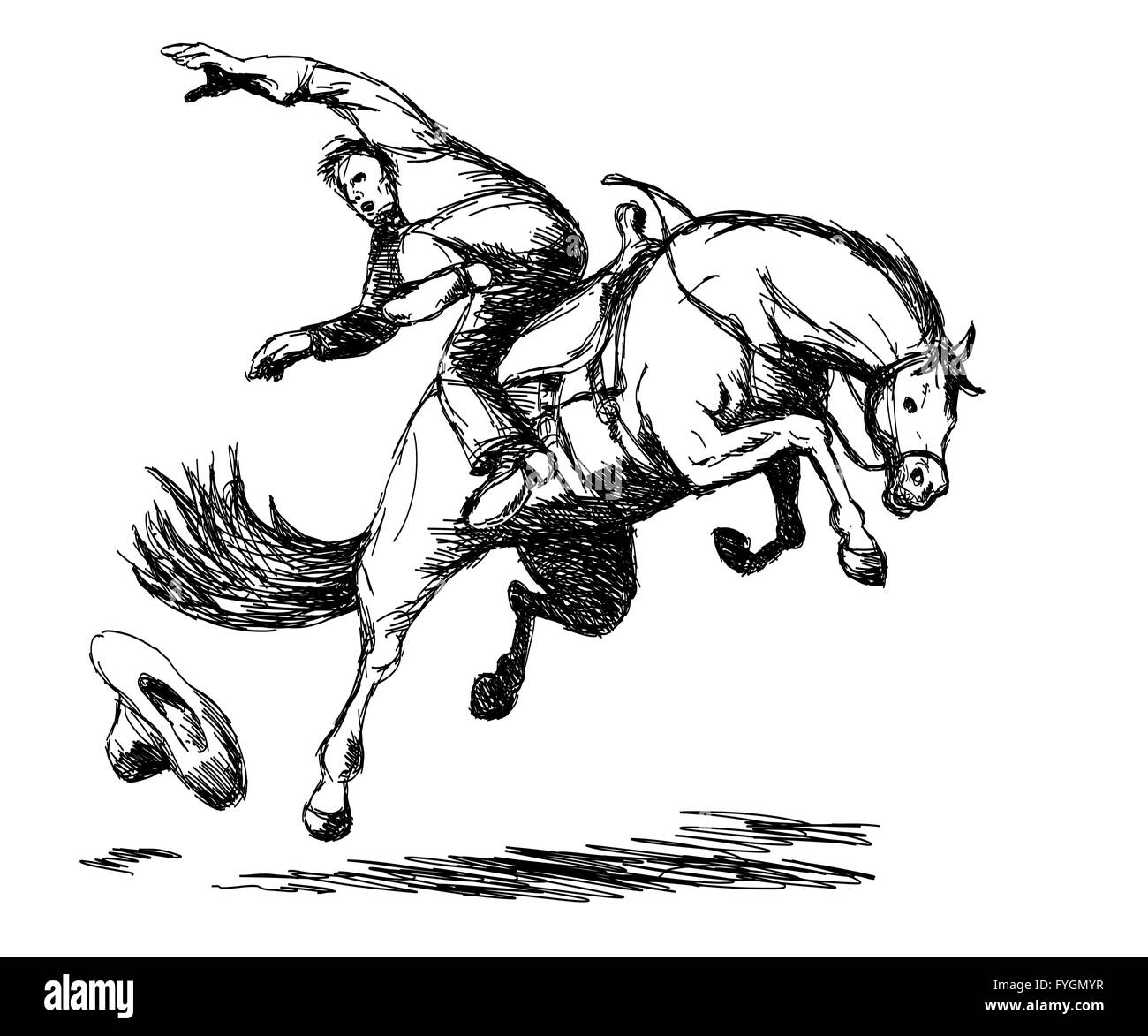 Rodeo Cowboy tomber de cheval Banque D'Images