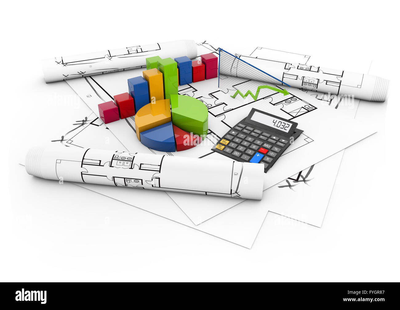 Projet immobilier concept : la calculatrice et des graphiques colorés sur des parcelles isolées sur fond blanc Banque D'Images