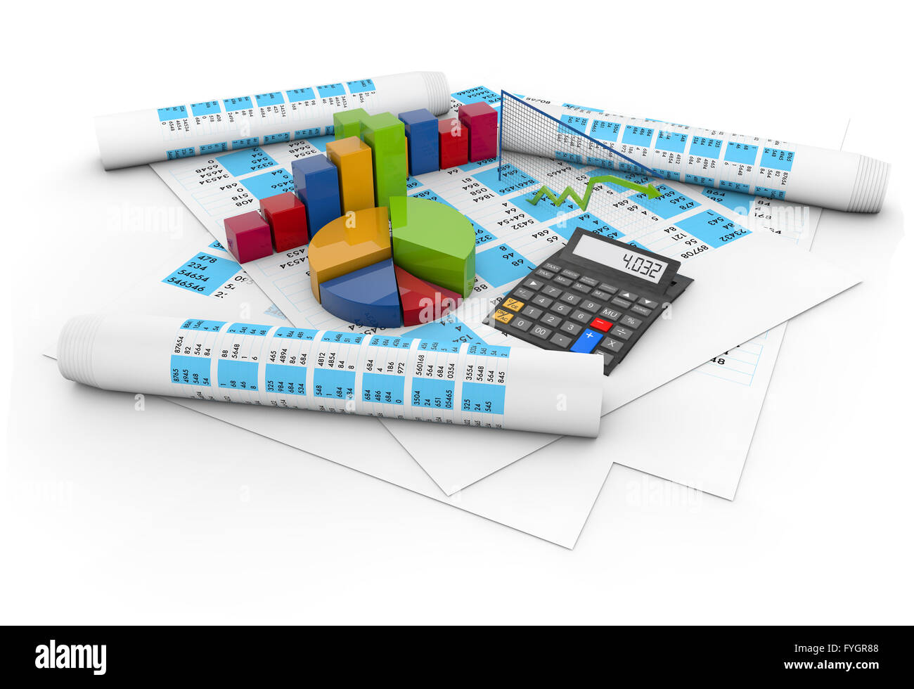 Comptes de soldes concept : calculatrice, des graphiques colorés et un stylo plus de documents comptables isolé sur fond blanc Banque D'Images