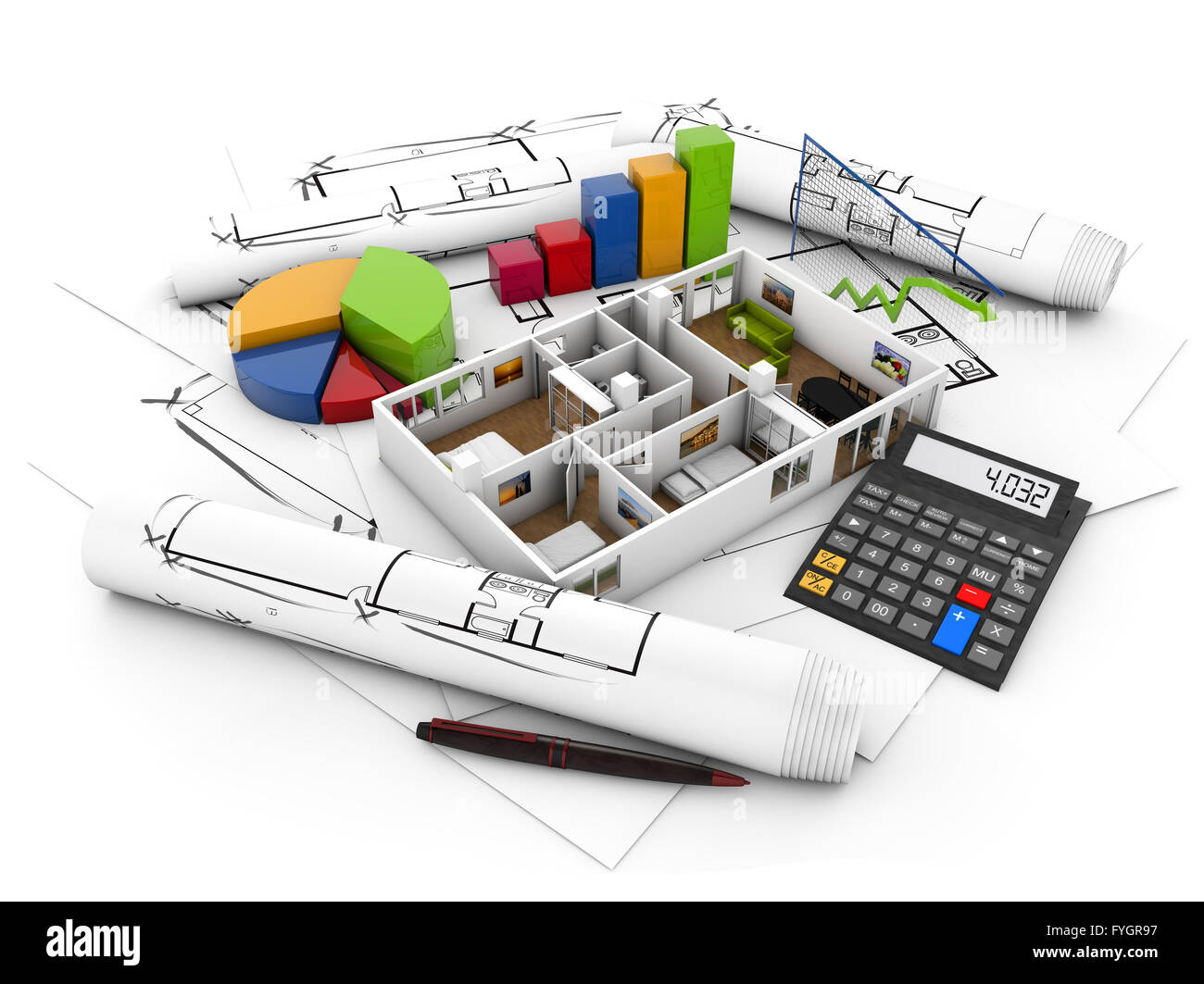 Real estate finance concept : maison, calculatrice et de graphiques sur des parcelles isolées sur fond blanc Banque D'Images
