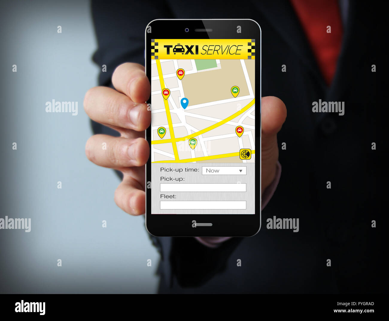 Concept d'affaires : téléphone numérique généré avec taxi app. Tous les graphiques de l'écran sont constitués. Banque D'Images