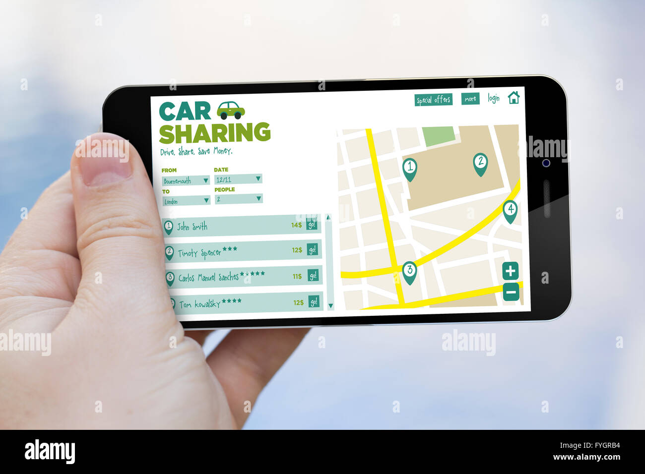 Communications, Tourisme bon marché travel concept : une application de partage de voiture sur un smartphone 3D généré. Écran graphique sont Banque D'Images