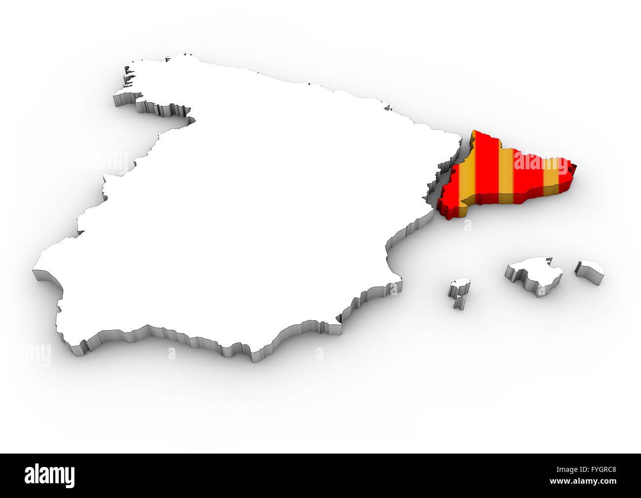 L'indépendance de la Catalogne : concept généré numérique carte de l'Espagne avec la Catalogne séparés avec des couleurs du drapeau Banque D'Images
