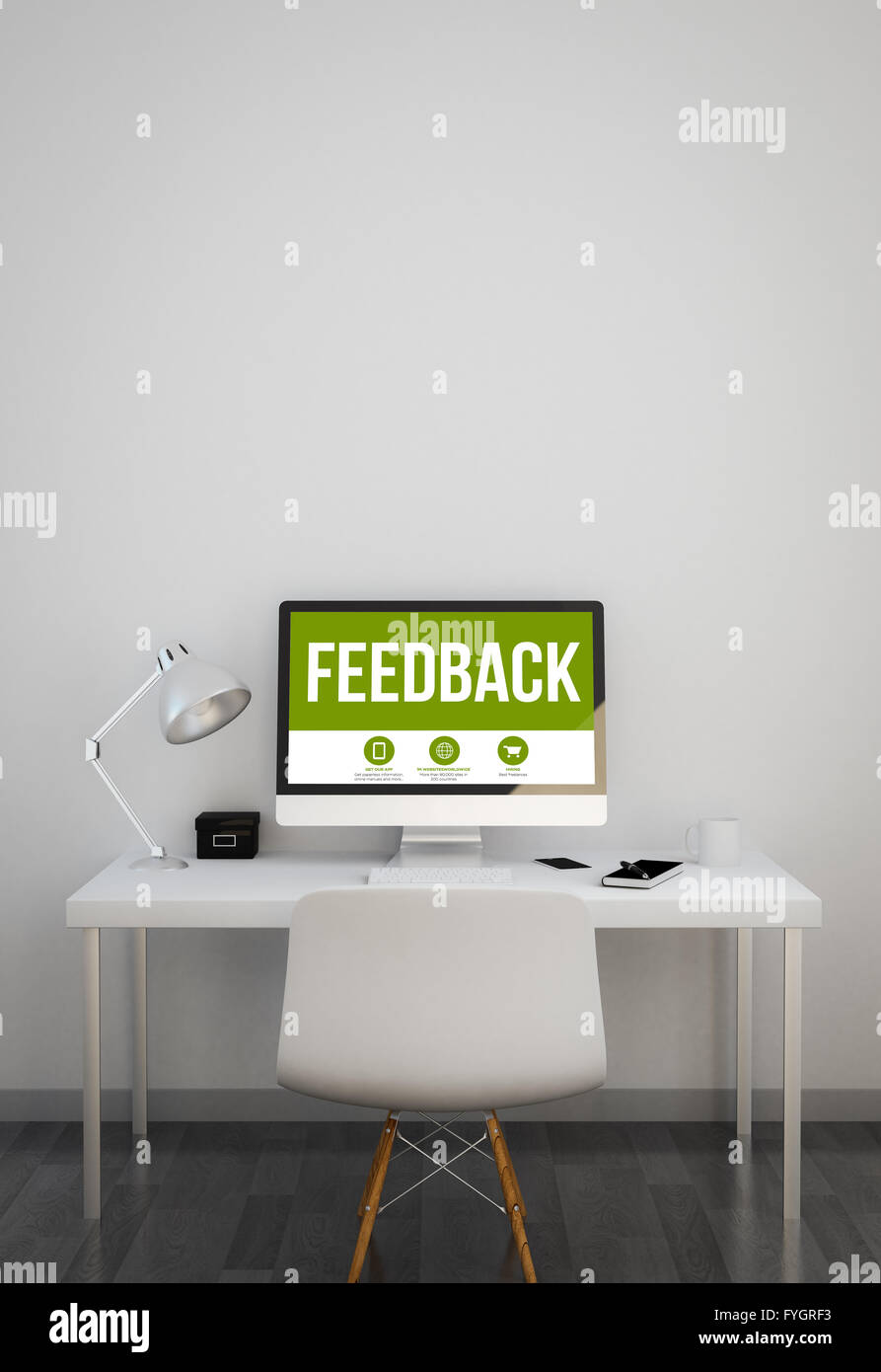 Espace de travail propre avec vos commentaires à l'écran. 3d illustration. Banque D'Images